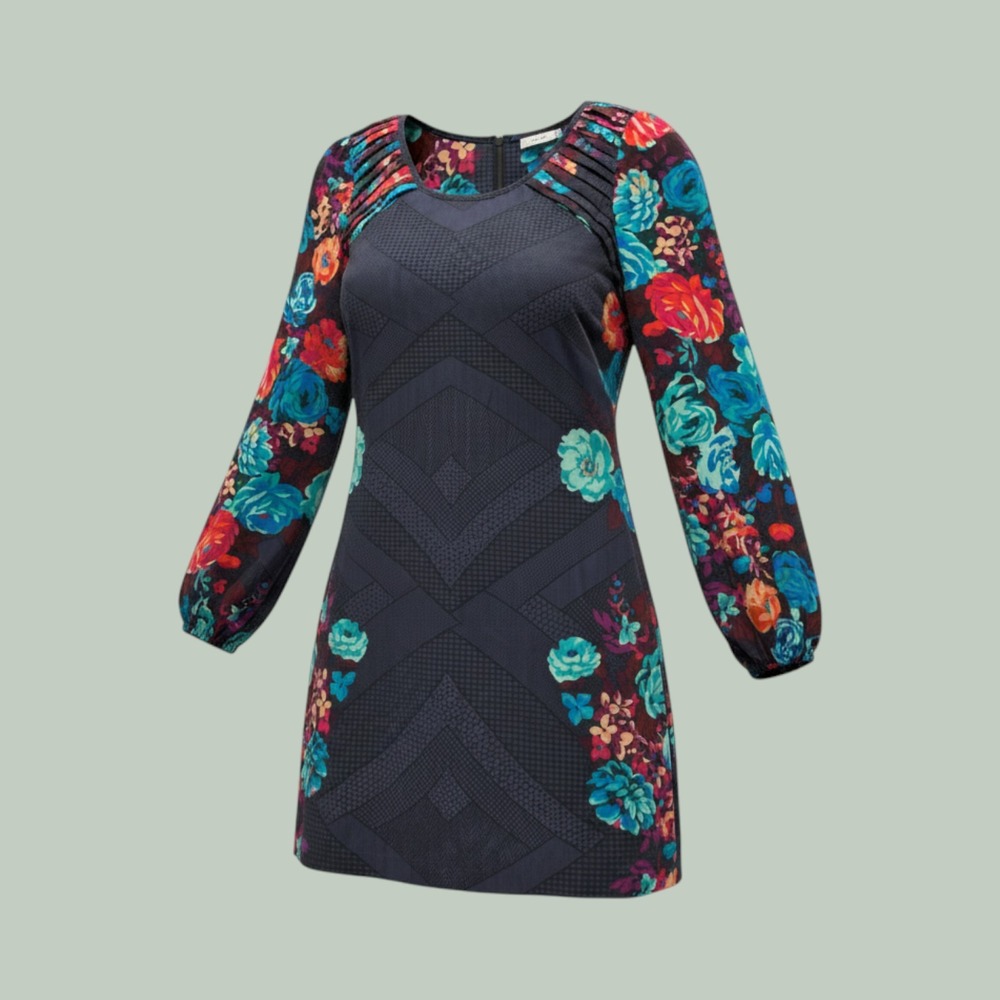 Indie Floral Geometric Balloon Sleeve Shift Dress Womens Small Blue Xhilaration